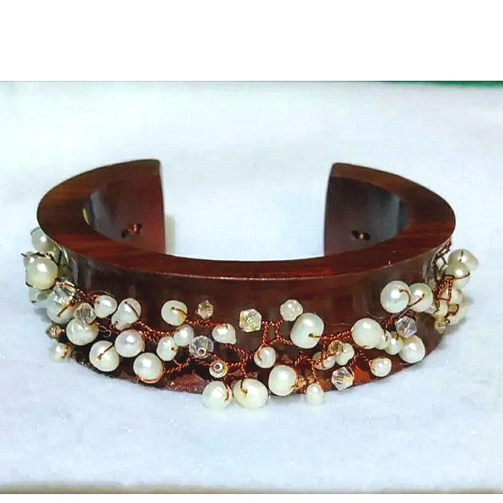 NEW  Mother of Pearl & Pearls, Crystals Rosewood Cuff Bracelet. Handcrafted.